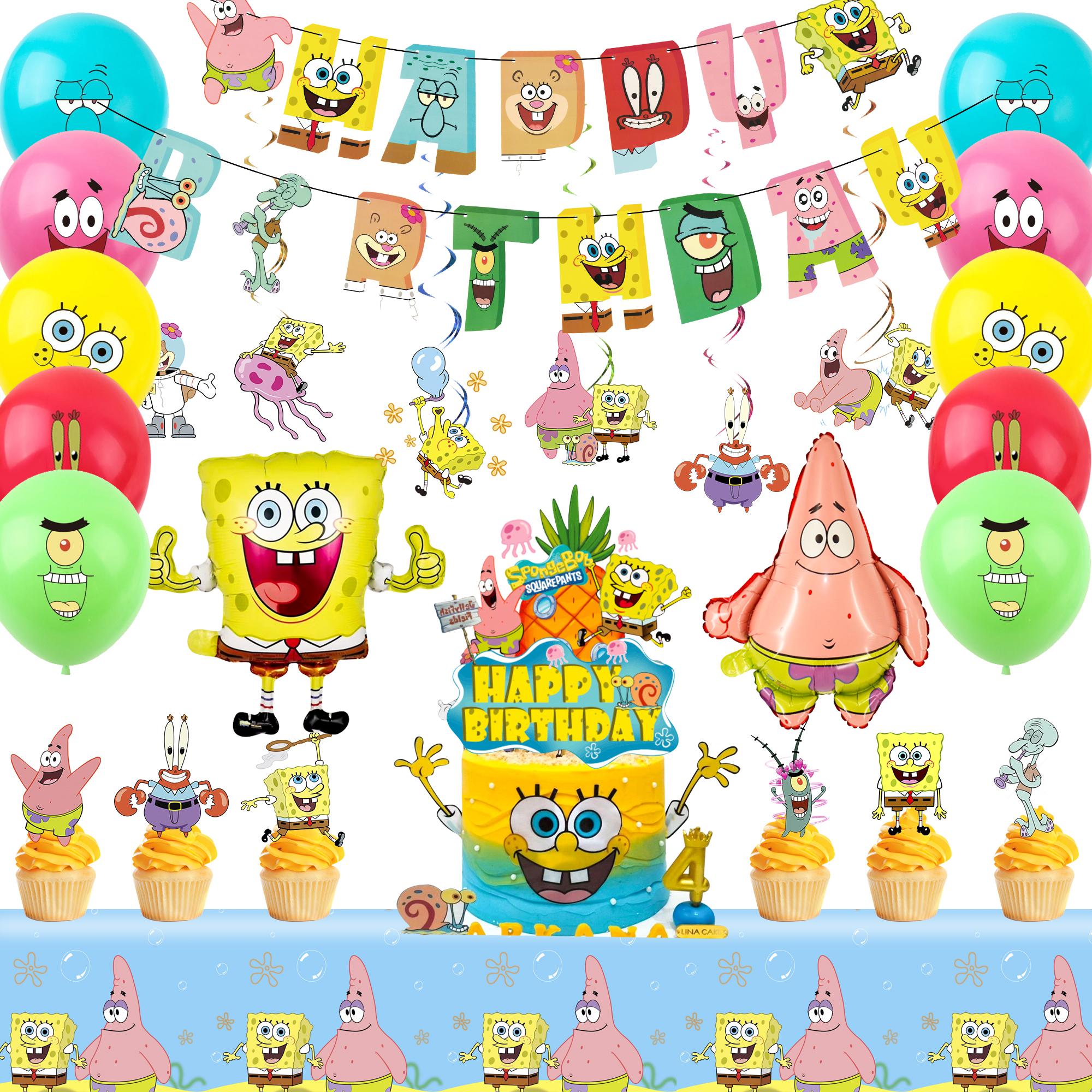 38 Pcs SpongeBob Party Decorations Set - SpongeBob Birthday Banner Tablecloth Spiral Decorations & SpongeBob Balloons Cake Toppers etc SpongeBob