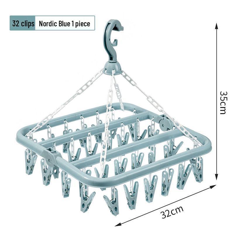 32-Clip Multi-Functional Folding Clothes Drying Rack - Windproof Plastic Hanger for Socks and More