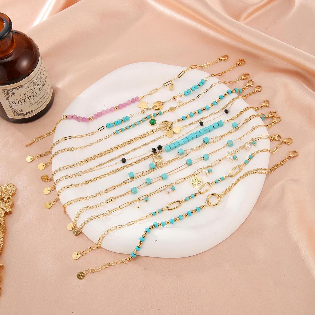 Damen Retro Türkis Titanstahl Perlenarmband - High-End Modeschmuck