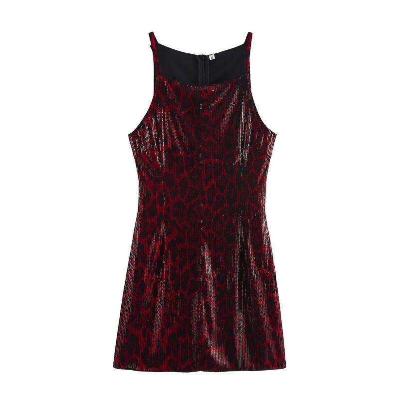 Jnleaog Autumn New Women's Clothing Fashion French Fashion Design Sexy Silm Leopard Print Sequin Slip Dress