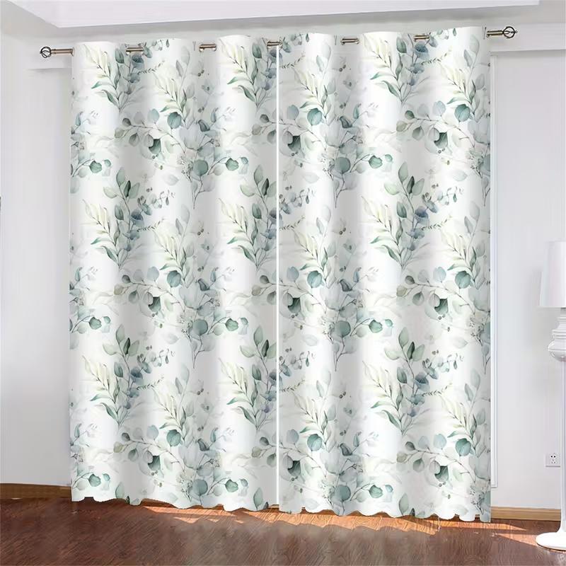 2 Pcs Green leaves print Perforated curtains  suitable for bedroom  living room kitchen decoration  home decoration  window decor