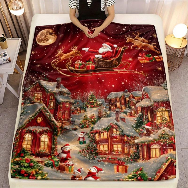 1pc Festive Santa Claus & Reindeer Night Scene Flannel Throw Blanket / Lightweight Soft & Warm HD Printed Fleece