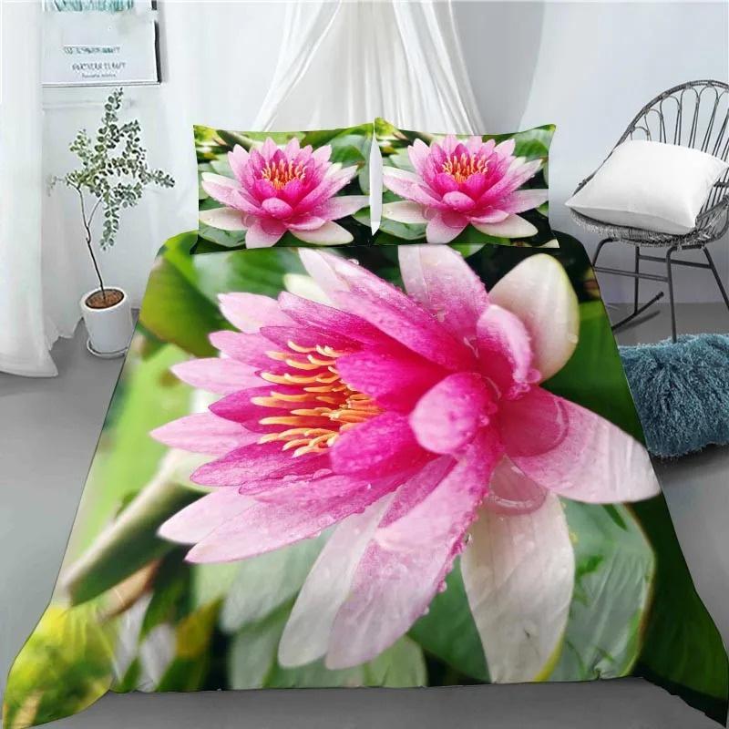 3D Lotus Flower Painting Duvet Cover Polyester Quilt Cover with Pillowcases King Queen Size for Kids Teen Adults Bed Decor Gifts