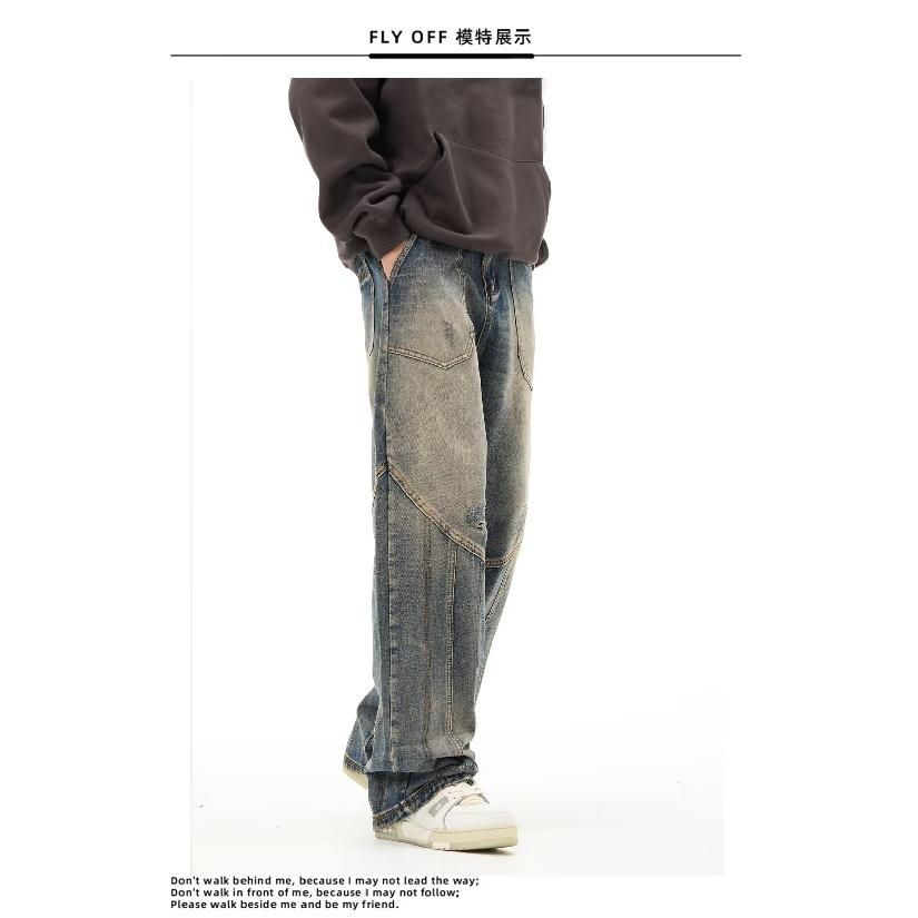 

Мужские джинсы, американские ретро-стираные потертые рабочие джинсы с несколькими карманами, мужские и женские свободные прямые повседневные брюки, модные 3XL синий