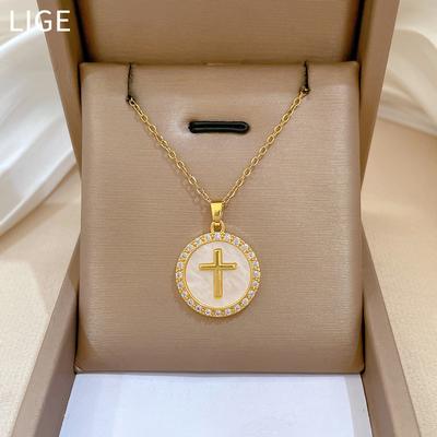 Collana Rotonda a Croce Lusso Temperamento Splendido Full Diamond Catena per Clavicola Versatile da Donna Catena in Acciaio di Titanio