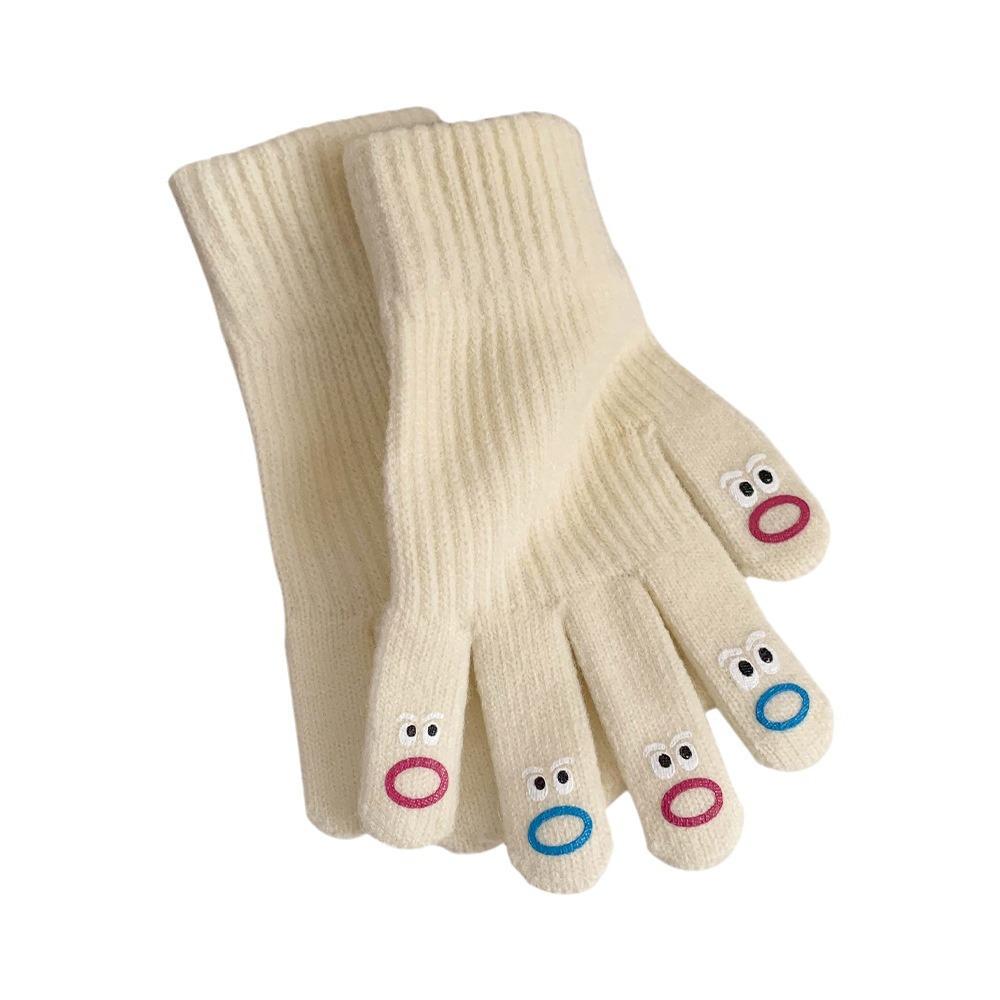 Cute Solid Color Knitted Wool Warm Gloves for Women In Winter with Fingerless Touch Screen Students with Split Fingers To Prevent Cold Cycling Cartoon