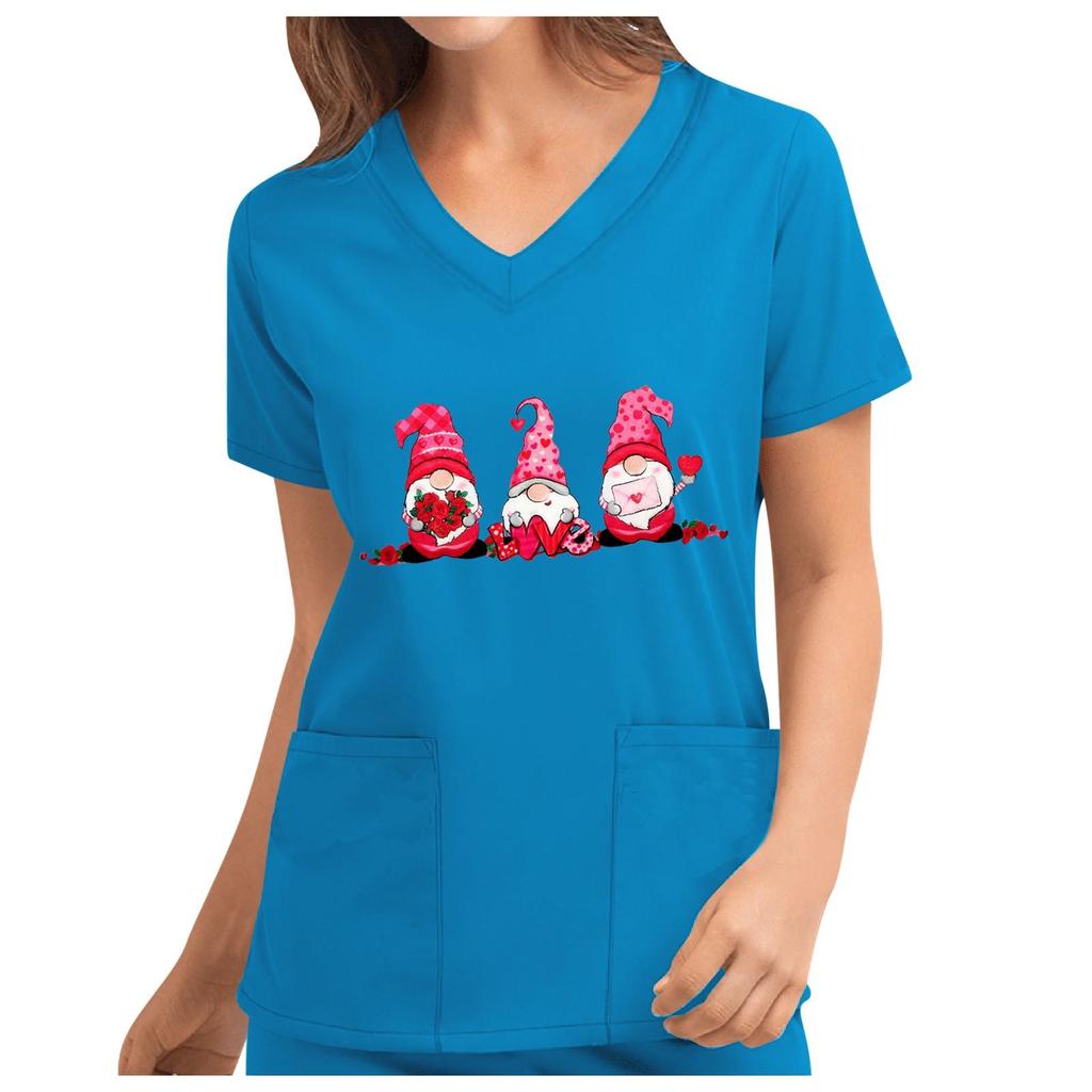 Women's New Cute Valentine's Day Love Pocket V-neck Short Sleeve Loose Top