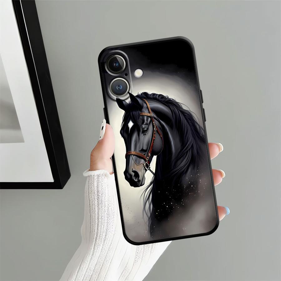 Animal Horse Pattern Black Soft Phone Cover Case for iPhone 15 16 14 Plus 7 8 13 12 11 17 Pro Max 17Air XR XS Max