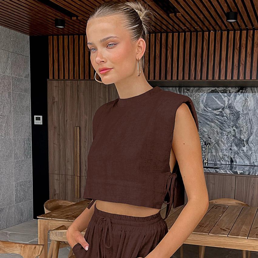 Cotton Linen Pants Sets Khaki Summer Women Two Piece Fashion Lace Up Crop Vacation Elastic Waist Loose Long Pants Suits