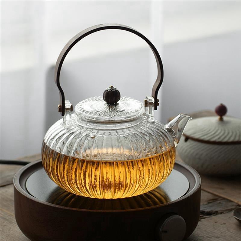 Good-Glass Teapot Wood Handle Teawear High Boron Silicon Transparent Pumpkin Pot Glass Teapot With Filter