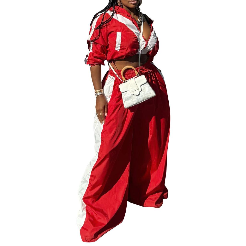 AL297 Women's Patchwork Sports Suit: Woven Loose Jacket & Two-piece Set for Spring and Autumn