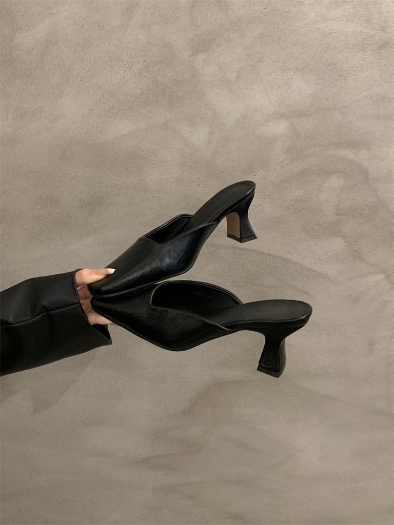Temperament high-heeled bag head half slippers outer wear women's shoes spring and summer 2025 new thick heel not tired feet shallow mouth single sho