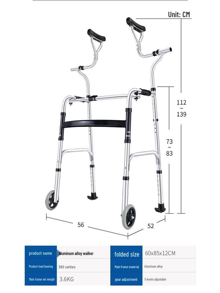 Aluminum Alloy Folding Walker with Wheels, Underarm Crutches, and Seat Cushion for Elderly Rehabilitation.