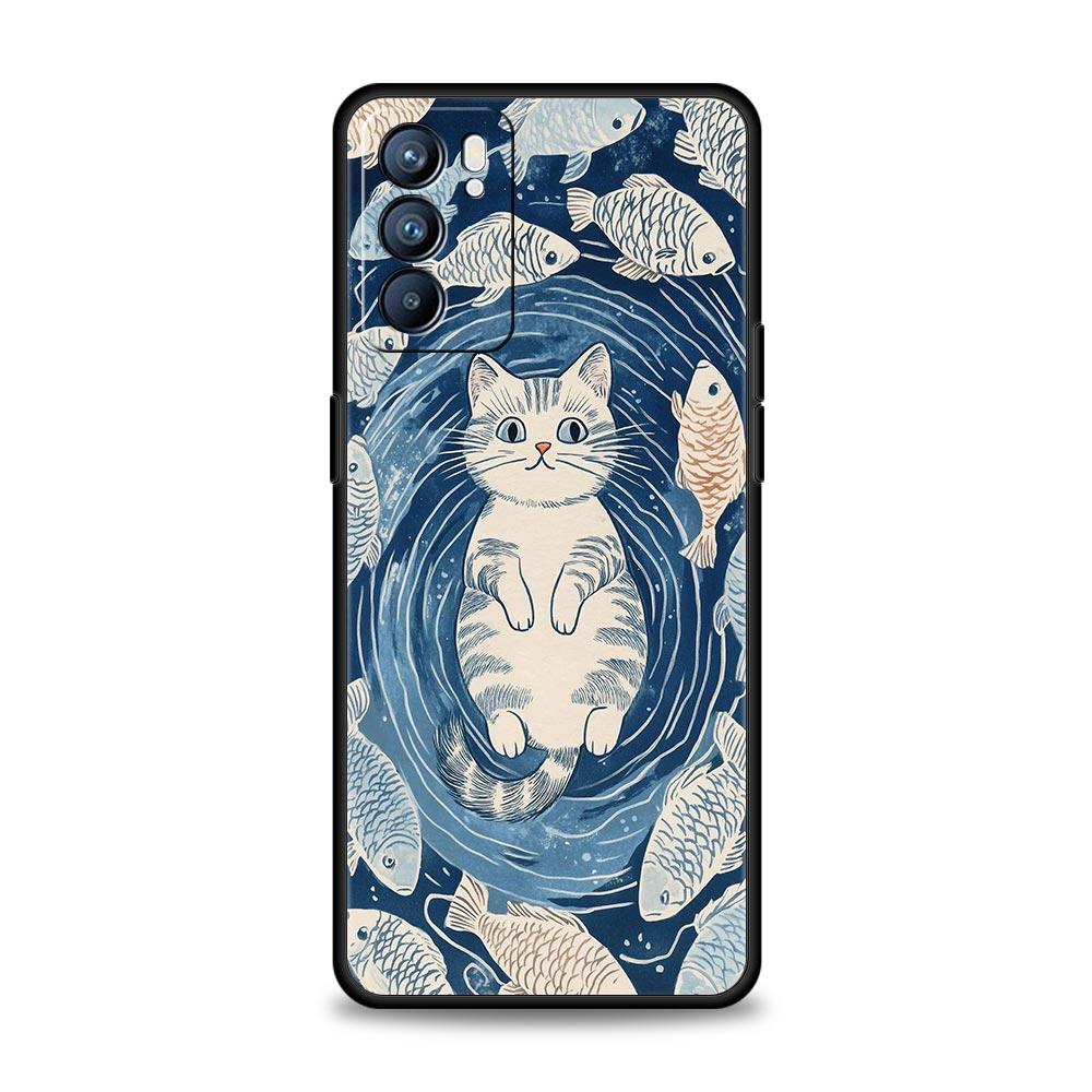 Cat Fishing Phone Case For Oppo Reno14 Reno13 Reno12 11 F 10 Find X5 X9 Pro A54 5G A53 A52 A9 A16 A78 4G A80 A98 Cover