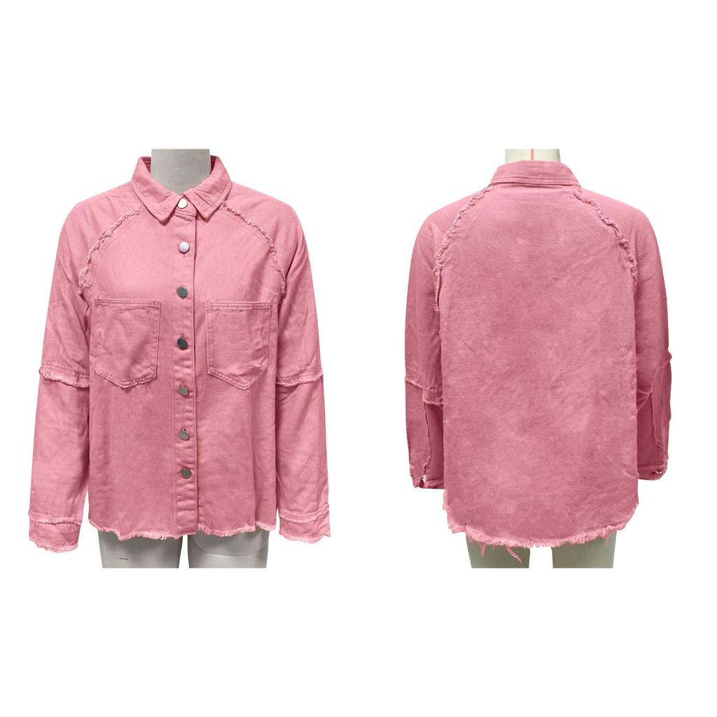 Long Sleeve Denim Jacket Women Washed Raw Edge Mid-Length Loose Jacket