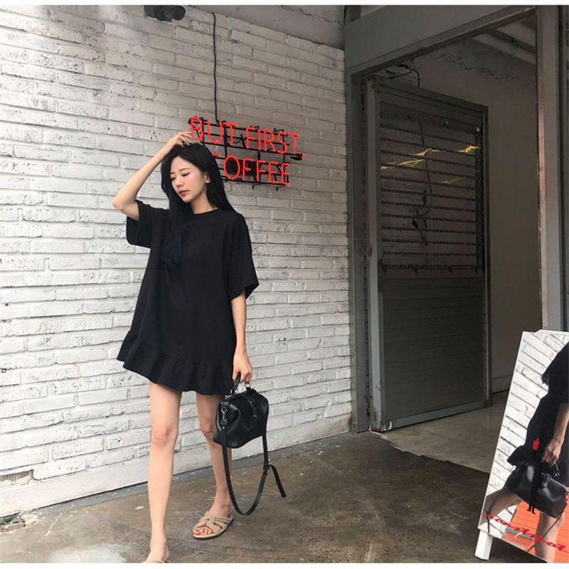 Solid Color Ruffle A-Line Dress for Plus-Size Women – Versatile Casual Black Summer Outfit