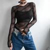 Sexy Women Mesh T-Shirts See-Through Perspective Tshirt Letter Printed O Neck Transparent Long Sleeve T Shirt Tops Women