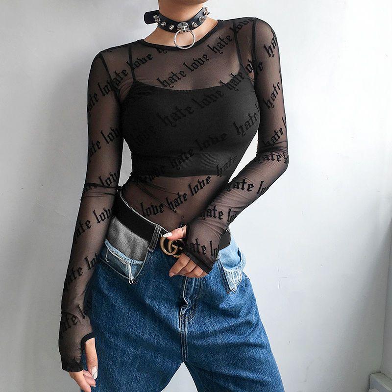 Sexy Women Mesh T-Shirts See-Through Perspective Tshirt Letter Printed O Neck Transparent Long Sleeve T Shirt Tops Women