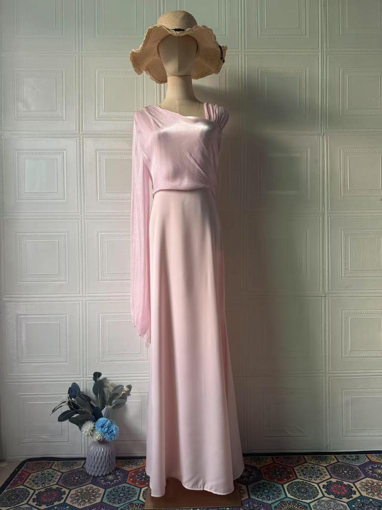 European and American spring new luxury soft and elegant single long-sleeved long dress slim silky dress women