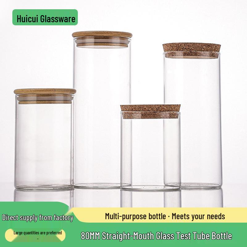 80mm High Borosilicate Glass Storage Jar with Wood Stopper & Bamboo Lid - Straight Neck, Multiple Sizes