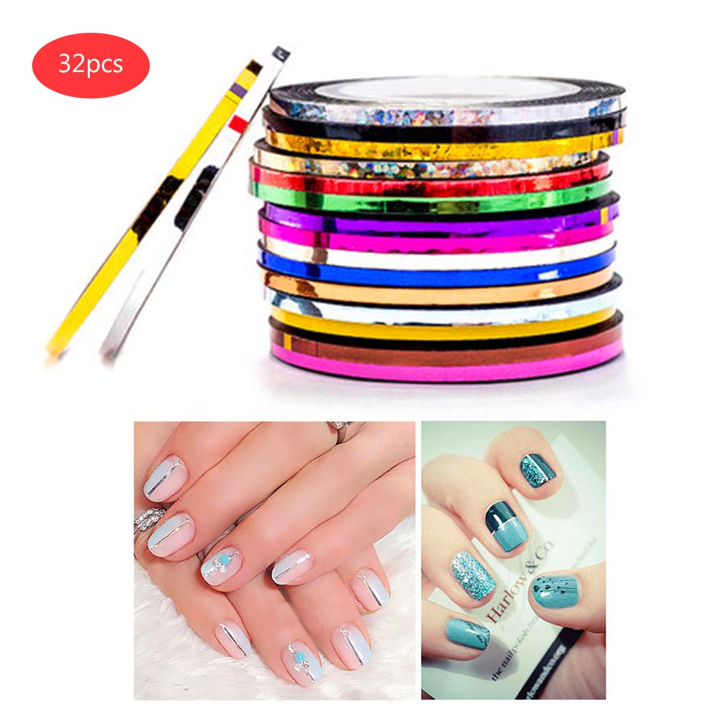 32 Colori Strisce per Unghie Linee Multicolore Rotoli Striscia Linea Decorazione Nail Art Adesivo DIY Punte per Unghie
