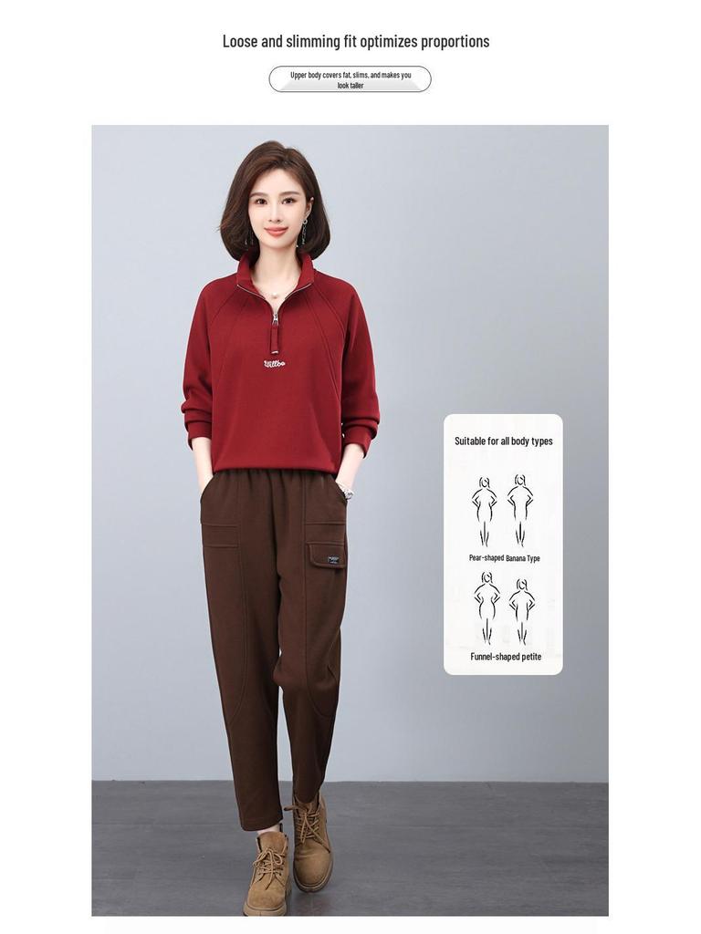 Women's Fleece-Lined Thick Sweatshirt Tracksuit: Autumn/Winter 2024 Collection for 40-Year-Olds - Casual Two-Piece Set