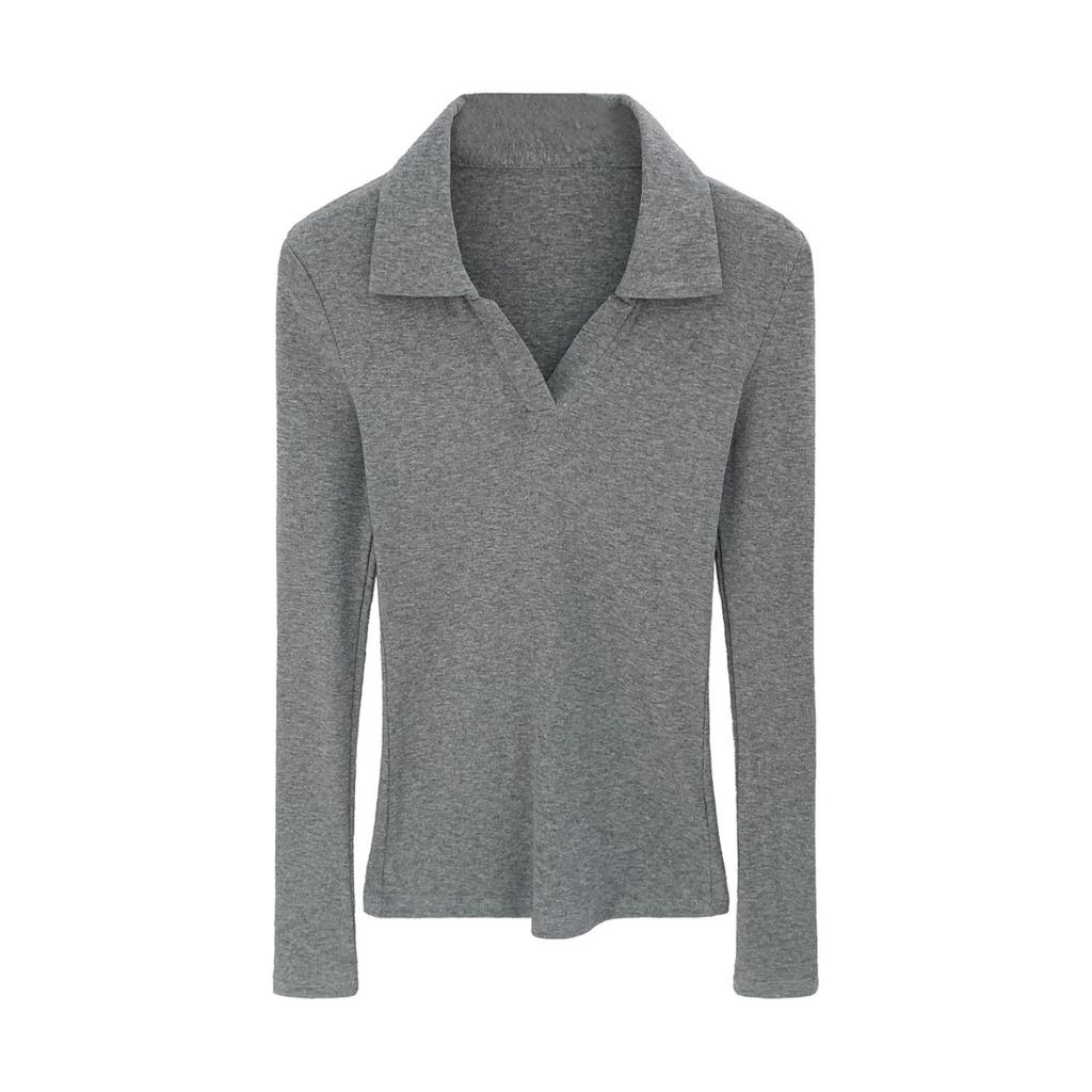 Elegant Korean Style Grey Slim Fit Lapel T-shirt: Women's Autumn/Winter Long Sleeve Base Layer Top