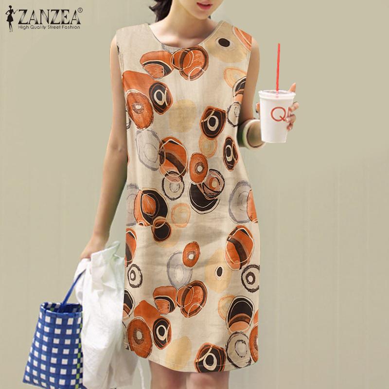 ZANZEA Women Holiday Casual Round Neck Sleeveless Print Dress