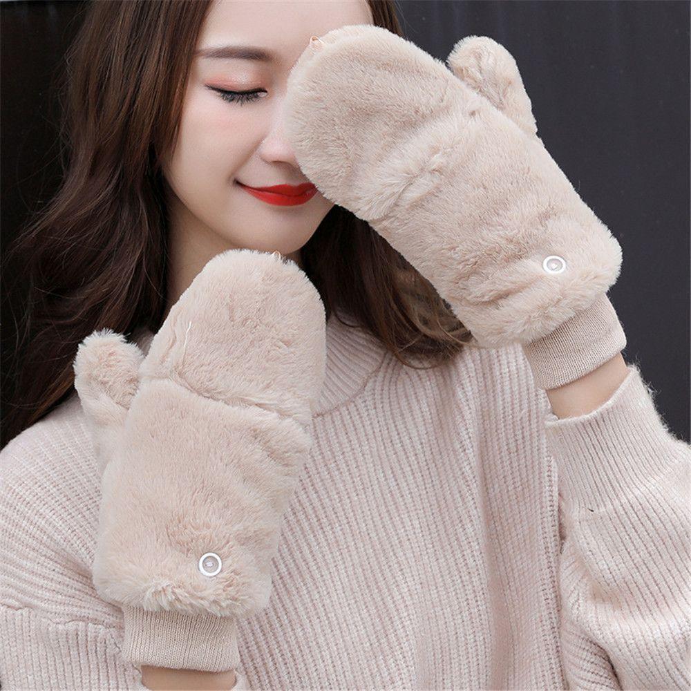 Winter Plus Velvet Windproof Thicken Warm Plush Mittens Faux Fur Gloves Flip Type Gloves