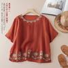 Summer New Fashion Casual Retro Style Embroidered Pullover Cotton Linen T-shirt