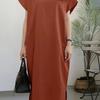 2024 Damen Lässiges Einfarbiges Rundhals-Kurzarm-Langes Kleid mit Schlitz