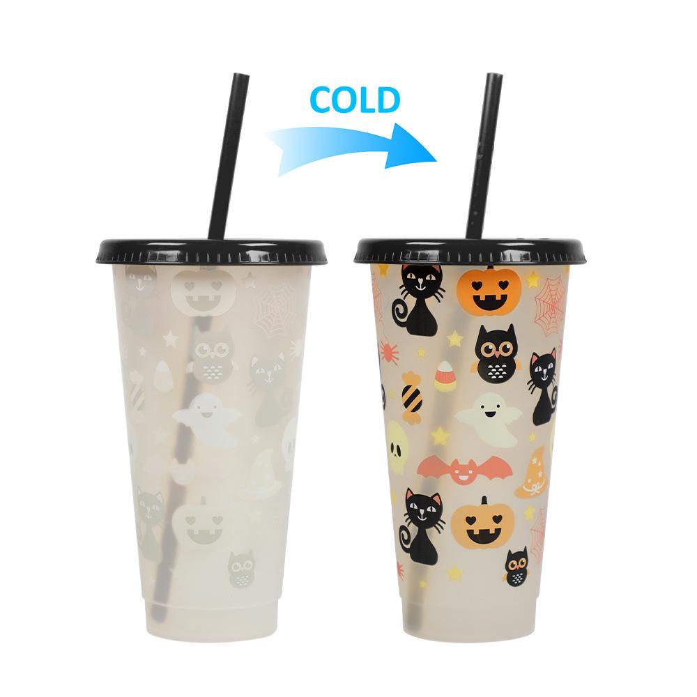 710ml PP Reusable with Straws Creative Water Cups Changing Colour Magical Plastic Cold Water Color Changing Cup for Halloween