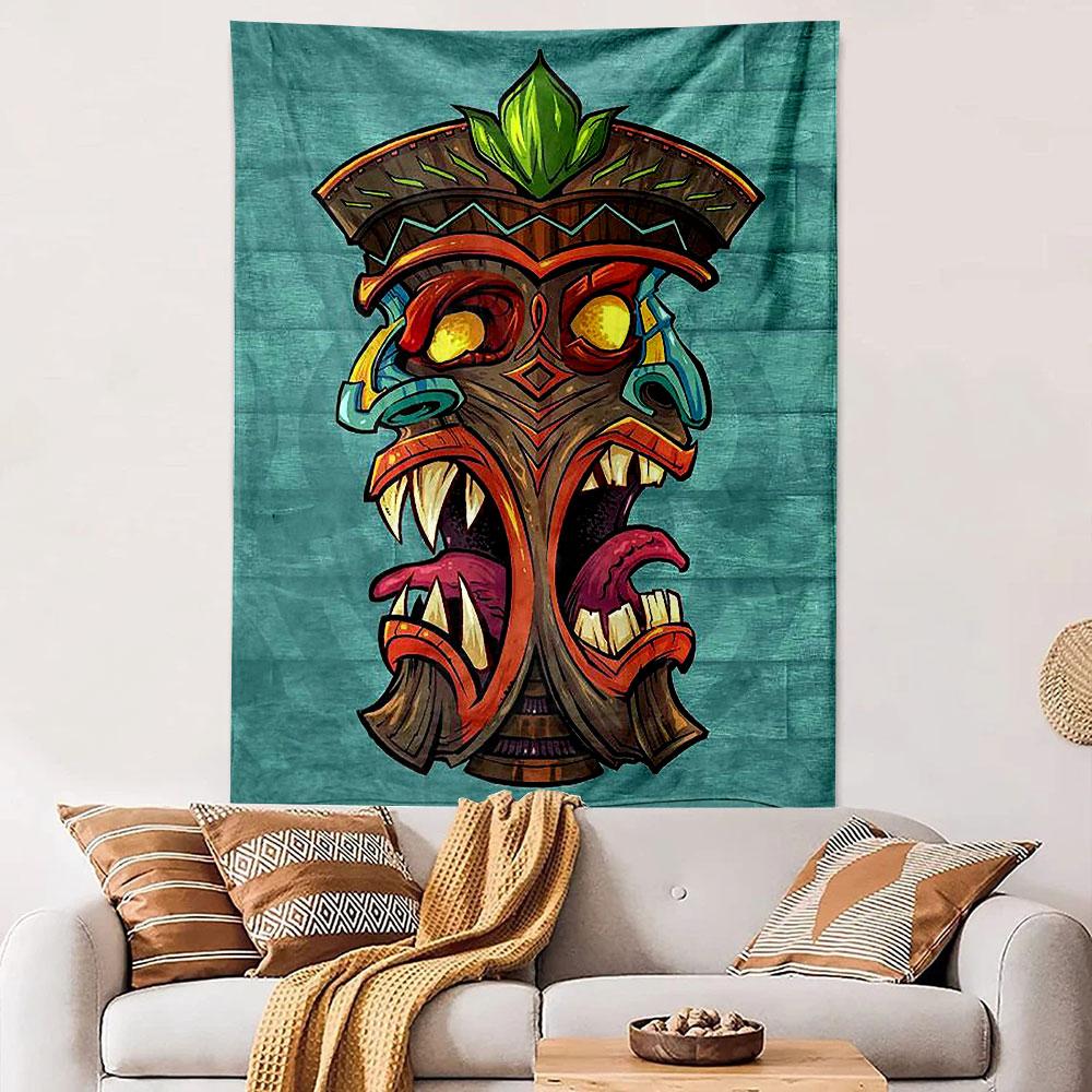 Colorful Tiki Mask Cartoon Turquoise Wood Hawaiian Wall Tapestry Tropical Decor for Living Room Bedroom Gift