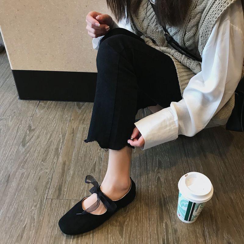 Fairy shallow mouth single shoes spring new flat bottom strap shoes square head bow female retro ballet grandma shoes