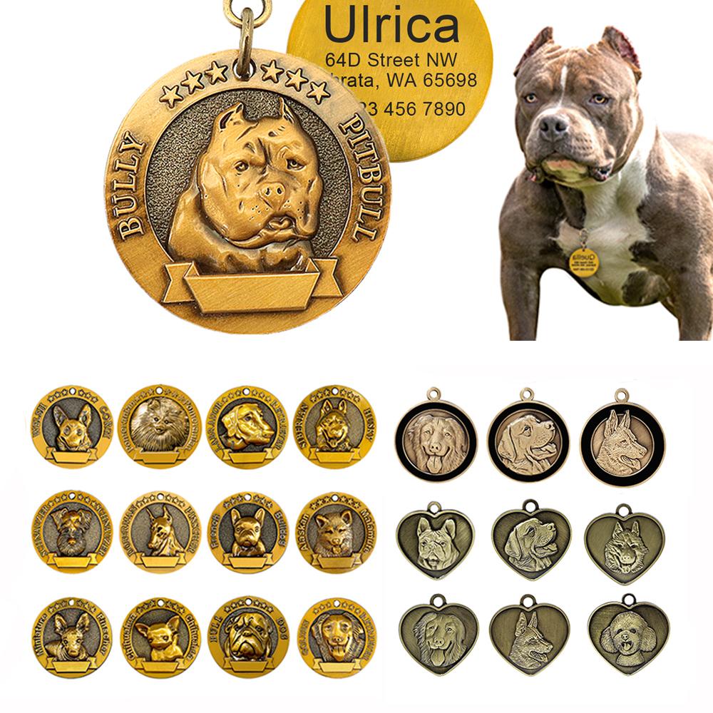 Personalisierter Hundemarke Kostenlos Gravieren Hunderasse Namensschild Anti-Verlust Haustierhalsband Anhänger Für Pitbull Bulldog Kupfer Halsbandmarken