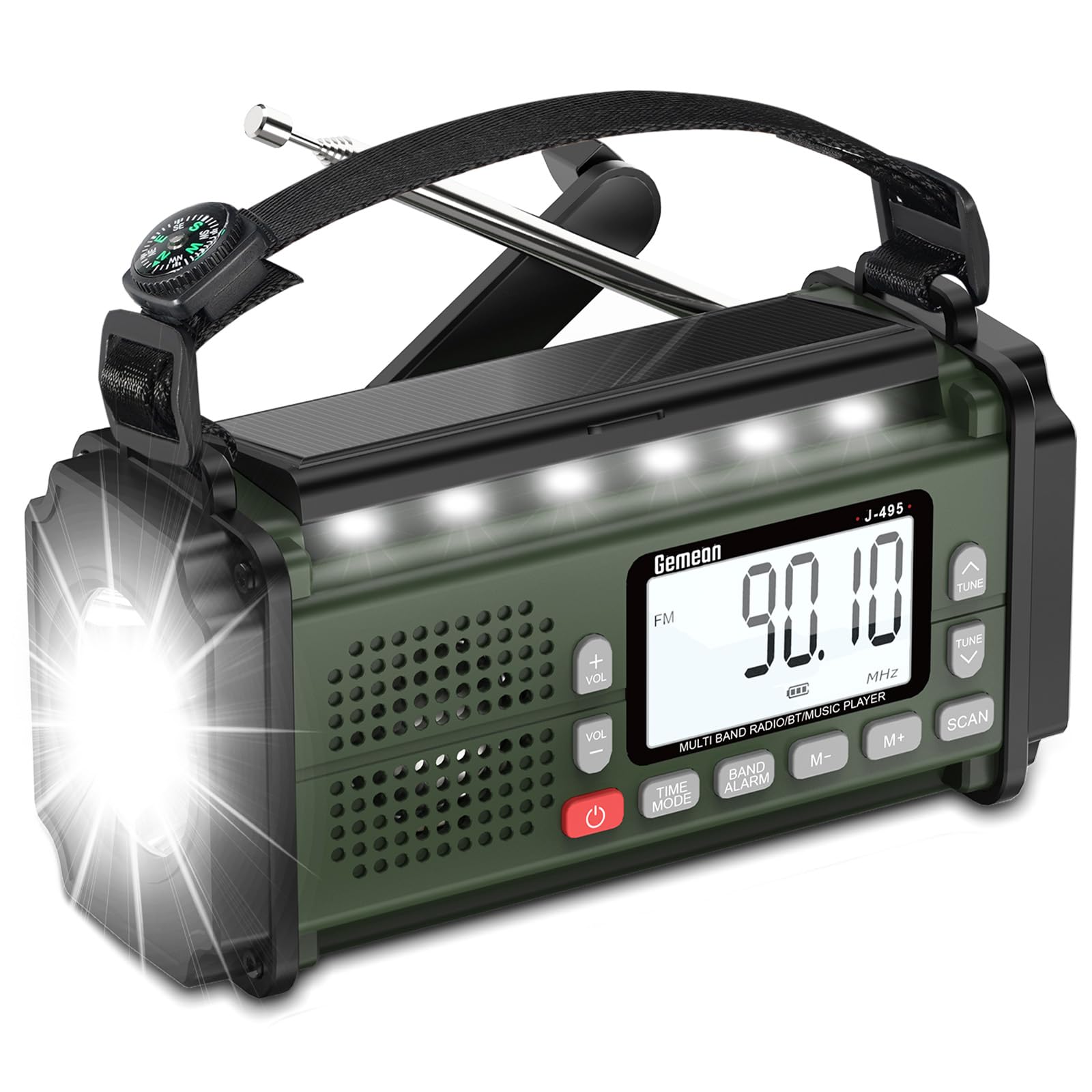 

Gemean Emergency Radio with AAA Battery Solar MW Flashlight Reading SOS Earphone TF or USB Flash Drive Music Camping Compass J-495 Multi-Function зелений