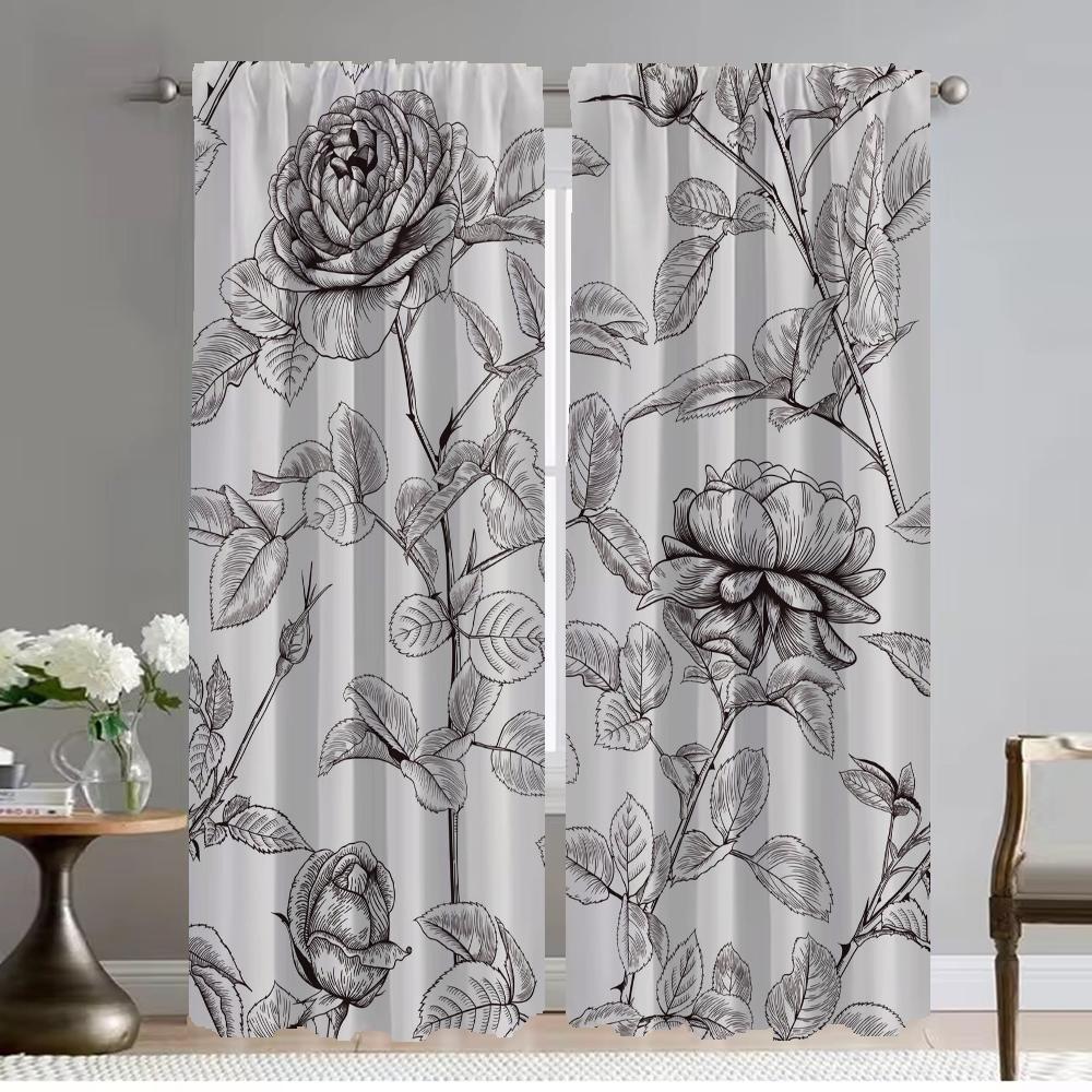 Elegant Room Curtains for Camera Black and White Flower Partition Blackout Curtain Halloween Decoration Curtains 2 Pieces Shades