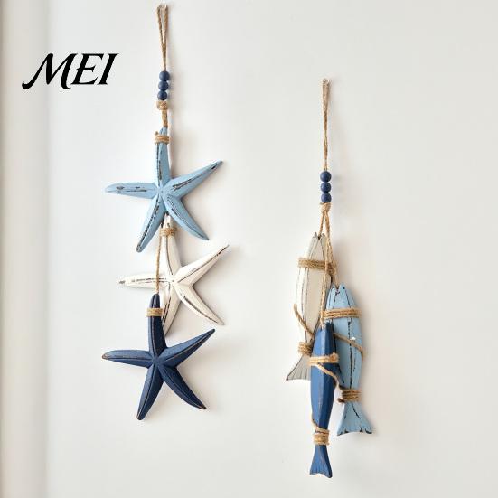 Handmade Hanging Wall Art 1/2Pcs Bohemian Wooden Starfish Decoration, Fish Ornament, Entryway Decorations Coastal Nautical Pendant for Home