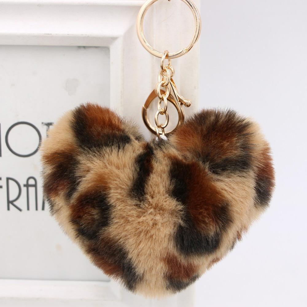Fashion Leopard Fluffy Ball Key Chain Fur Plush Love Heart Keychain Car Key Ring Bag Pendant Jewelry Accessories Gift