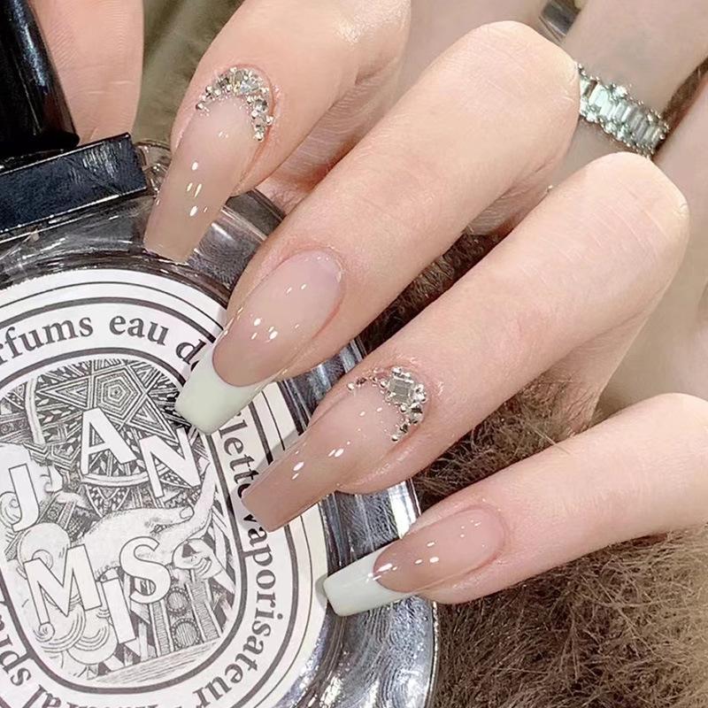 Aurora Rhinestone French Gradient Wearable Nail Tips - Long, High-End Ice-Tea Color. Glue Style