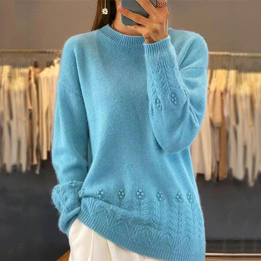 2026 AutumnWinter Women s Vintage Crochet Jacquard Sweater - Round Neck Solid Color S синий 4350₽
