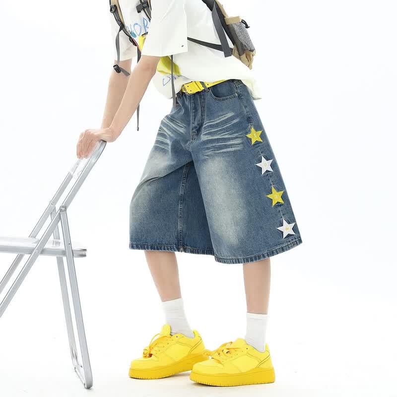 BWKA Star Embroidered Washed Denim Capri Shorts S светло-синий