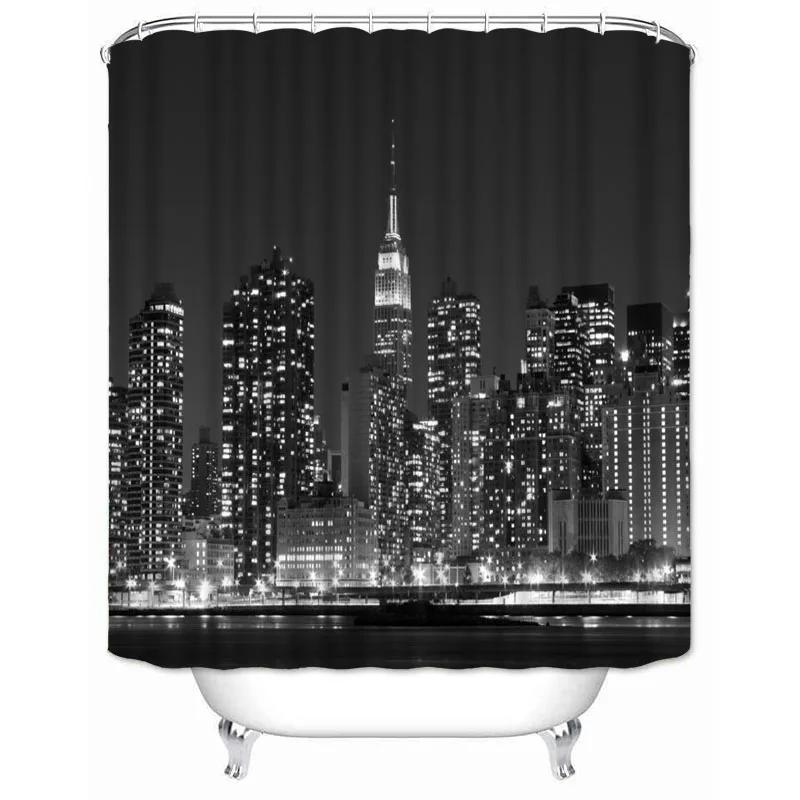 New York City Skyline Building Night View Shower Curtain Modern Bathroom Curtain Polyester Fabric Bath Curtain With Hooks