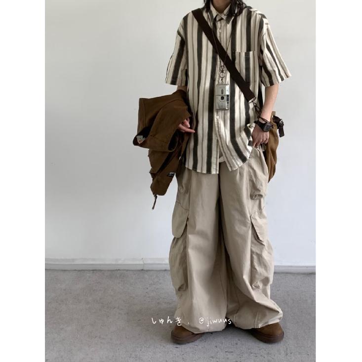 Short Sleeved Shirt For Men With A Niche Design, Striped Five Quarter Sleeves, High-End Feel, Loose And Handsome Long Sleeved Shirt