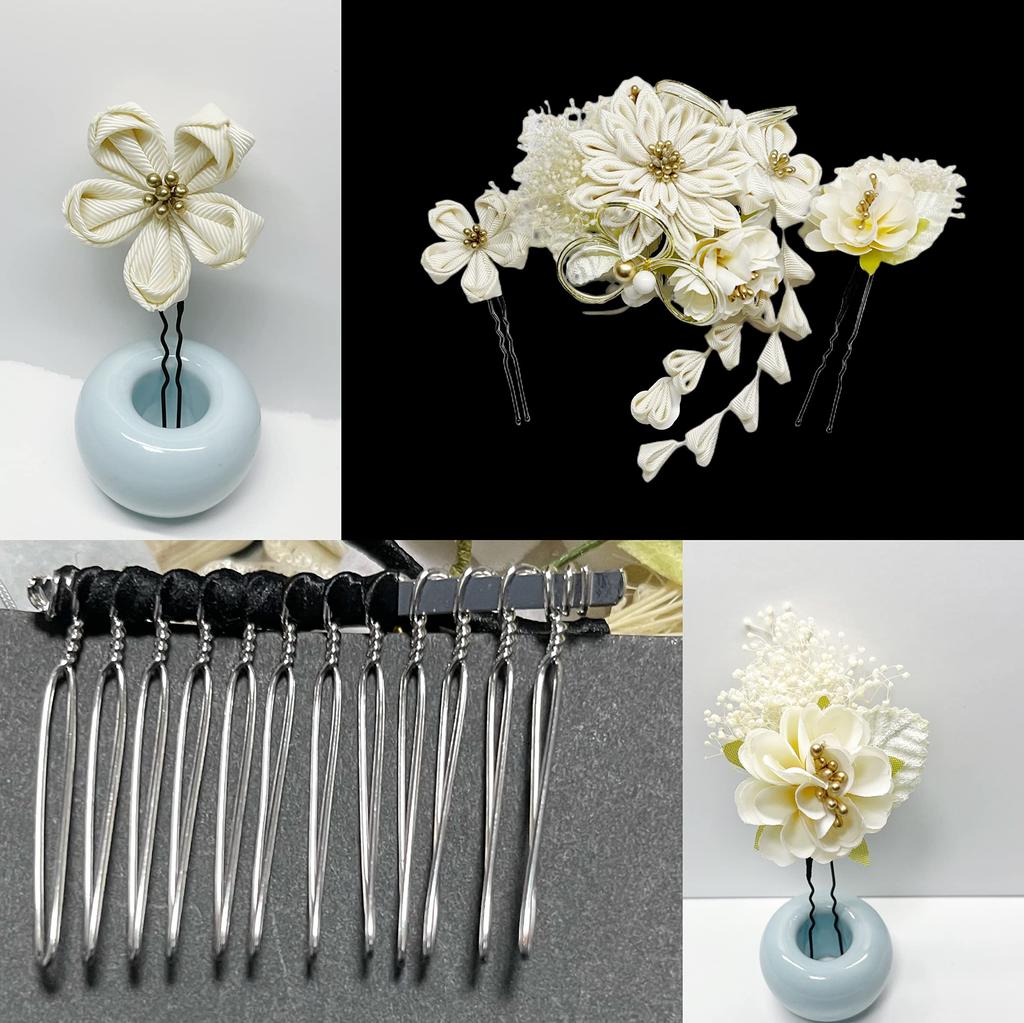 Inari Shoji Tsumami Zaiku Mizuhiki Dried Flower Hair Ornament Set for Ceremonies and Graduations (White) Coming-of-Age