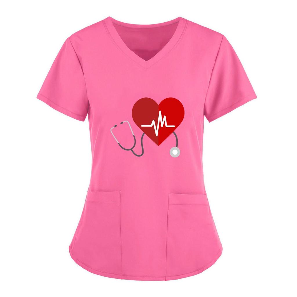 European and American Nurse Caregiver V-Neck Print Shirt with Large Pocket, Short Sleeve T-shirt for Women
