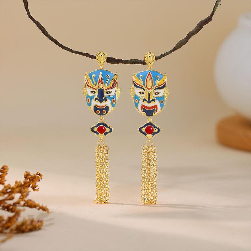 925 Sterling Silver Peking Opera Mask Stud Earrings – Chinese Style for Girls