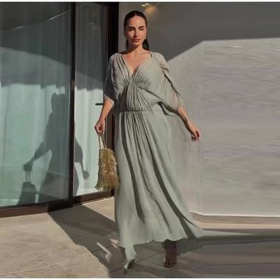 Ladies' Deep V-neck Pleated Waist Cinched Thin Long Skirt Summer New Style Dress Waist Cinched Pleated Edge Long Skirt Casual Elegant Style Dressing
