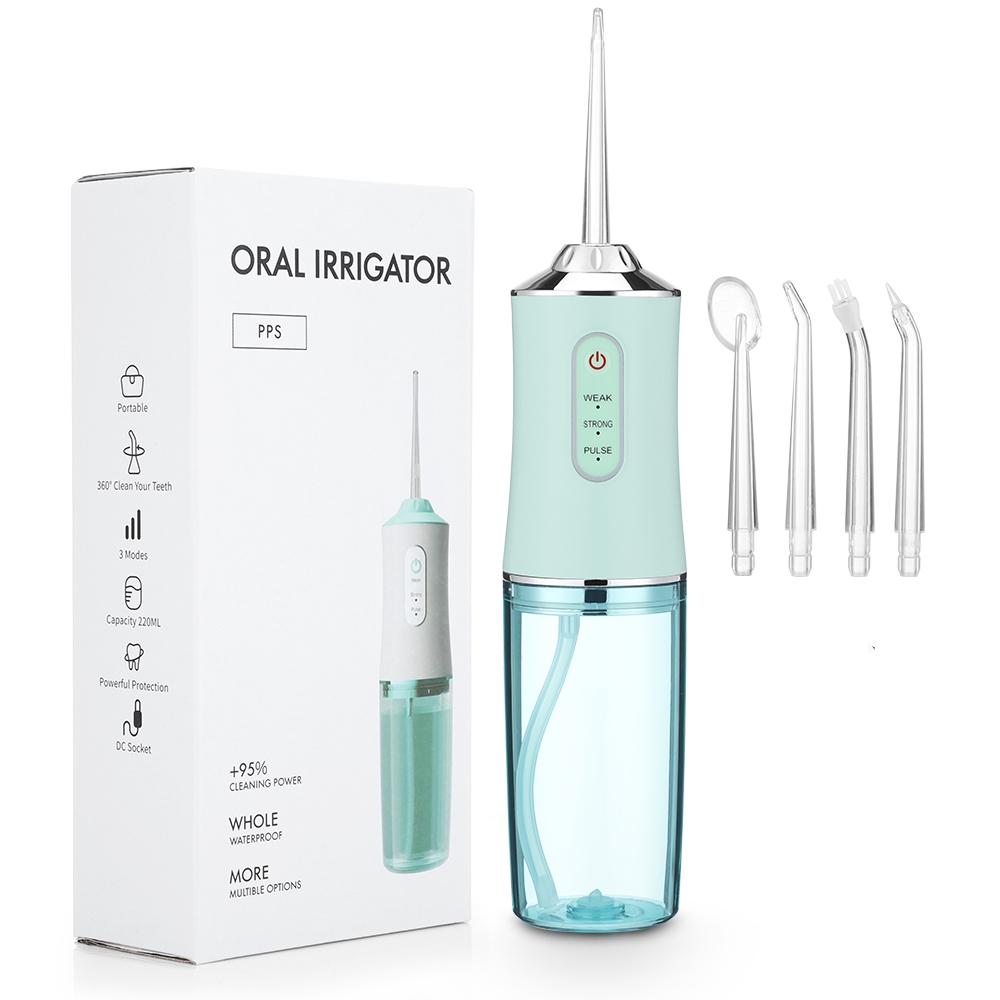 Munddusche, tragbare Dental-Wasserflosser, USB wiederaufladbar, Wasserstrahl, Zahnseide, Zahnstocher, 4 Düsenspitzen, 220 ml, 3 Modi, IPX7, 1400 U/min