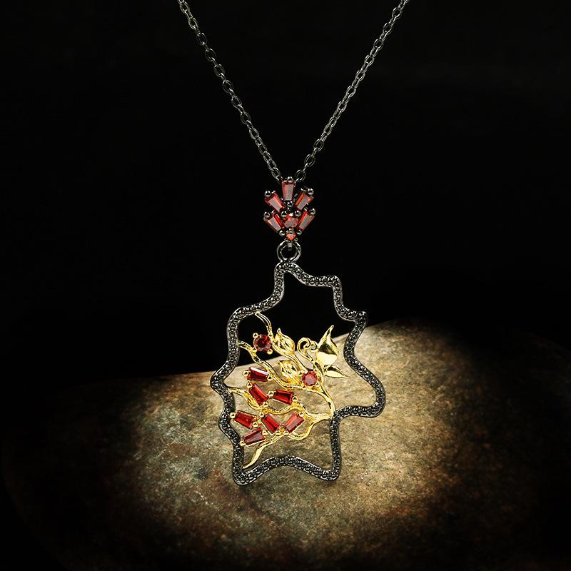 Light Luxury Hollow Design Inlaid with Red Square Zircon Jewelry Three-piece Set-fashion Ring Necklace Ladies Earrings